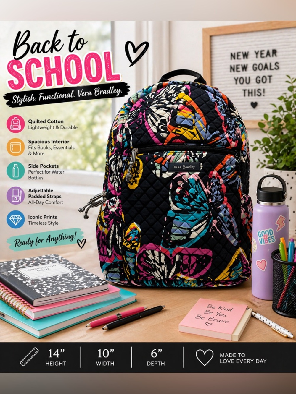 NWOT Vera Bradley Quilted Backpack Multicolor Butterfly Print Travel School Bag